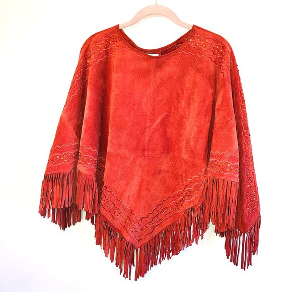 Western Boho Suede Leather Fringe Poncho Cape Rust Terracotta Newport News SM - Picture 1 of 13